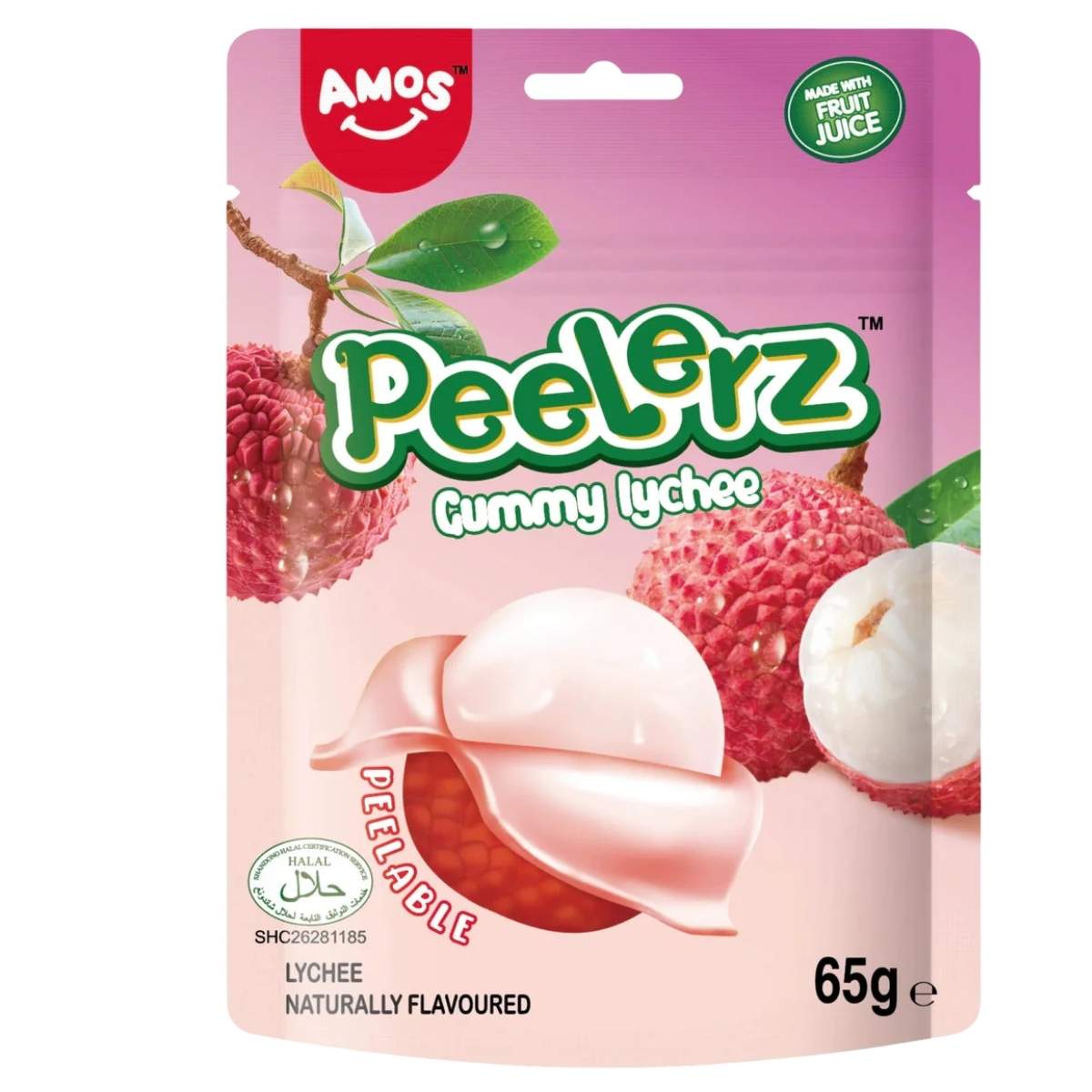 Packaging of AMOS Peelerz Gummy Lychee with lychee illustrations on a pink background