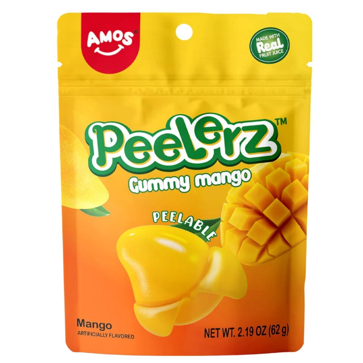 The vibrant package of Amos Peelerz Gummy Mangoes features mouthwatering images of mango-flavored, peelable gummies. Promising "Made with Real Fruit Juice," this 120g pack invites you to indulge in tropical goodness.