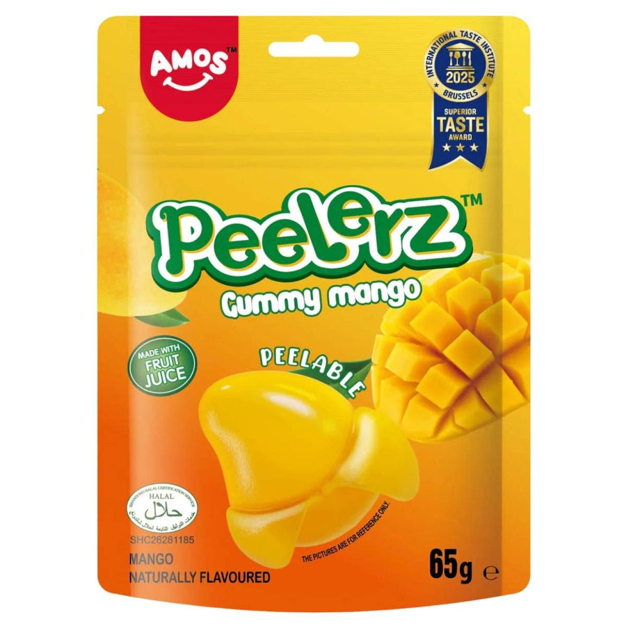 Amos - Peelerz Gummy Mangoes (Halal) come in a 65g bag with bright yellow-orange packaging, featuring gummy and sliced mango images. Enjoy these peelable gummies bursting with delicious mango flavor.