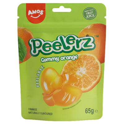 Packaging of Amos Peelerz Gummy Orange on a white background
