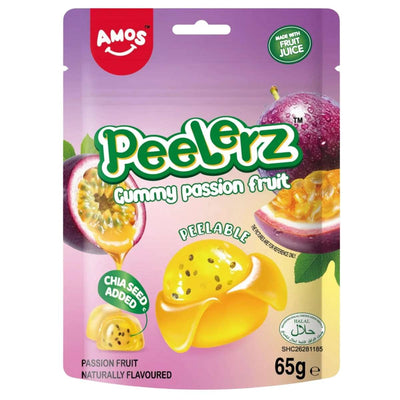 Amos - Peelerz Gummy Passion Fruit (Halal) - 65g by Amos is a chia seed candy with peelable layers, passion fruit flavor, and halal certification. The package features passion fruit images and highlights added chia seeds.