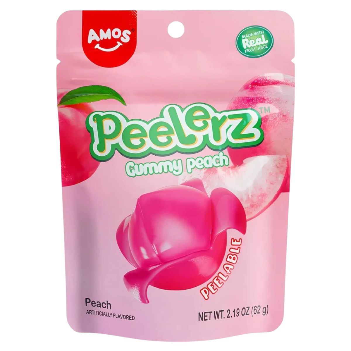 A pink pouch of Amos - Peelerz Gummy Peach - 65g displays peelable gummies with peach images, highlighting real fruit juice and peach flavor.