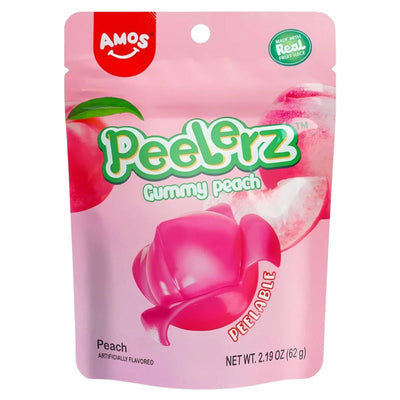 A pink pouch of Amos - Peelerz Gummy Peach - 65g displays peelable gummies with peach images, highlighting real fruit juice and peach flavor.