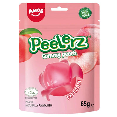 Amos - Peelerz Gummy Peach (Halal) - 65g by Amos features pink, peelable peach-shaped gummies made with real fruit juice for a delicious peach flavour and are labeled as halal gummy sweets.