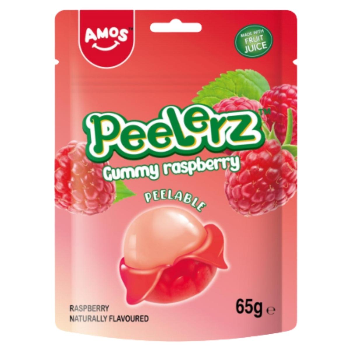 A 65g pack of Amos - Peelerz Gummy Raspberry Sweets, featuring raspberry and gummy images on a red background, offers a burst of delicious raspberry flavour.
