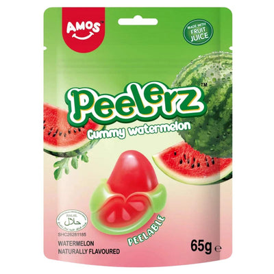 The 65g Amos - Peelerz Gummy Watermelon (Halal) features watermelon and peelable gummy images on the packaging. This halal-certified Amos treat is made with fruit juice for a delicious, chewy gummy experience.