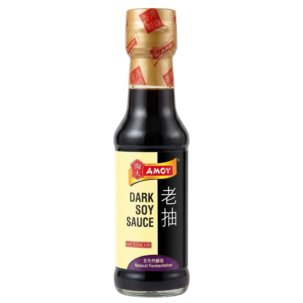 Bottle of Amoy dark soy sauce on a white background