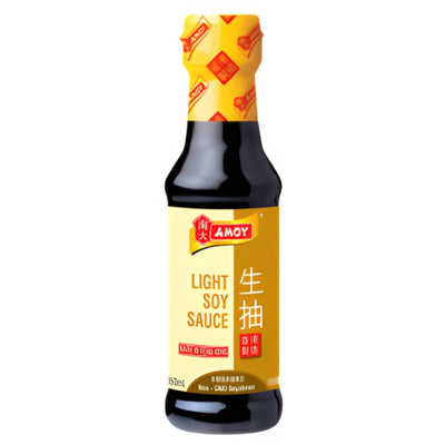 A 150ml bottle of Amoy Light Soy Sauce featuring a yellow label with red accents and both English and Chinese text.