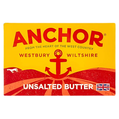 Anchor - Unsalted Butter - 200g by Anchor features red and yellow branding with an anchor graphic and a small British flag, perfect for baking or spreading.