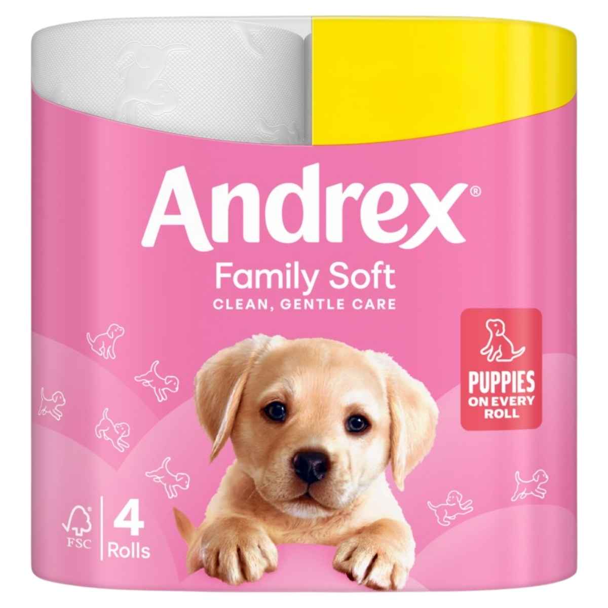 A pink pack of Andrex Family Soft Toilet Tissue Rolls (4 rolls) features the Andrex brand and puppies on every roll.