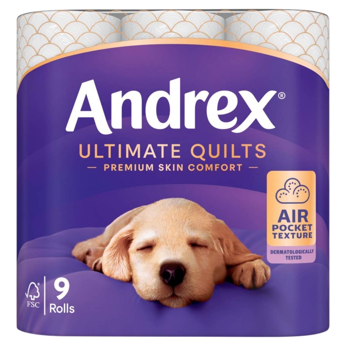 Andrex Ultimate Quilts Toilet Tissue Rolls (9 rolls) feature air pocket texture and premium skin comfort, with a sleeping puppy on the pack.