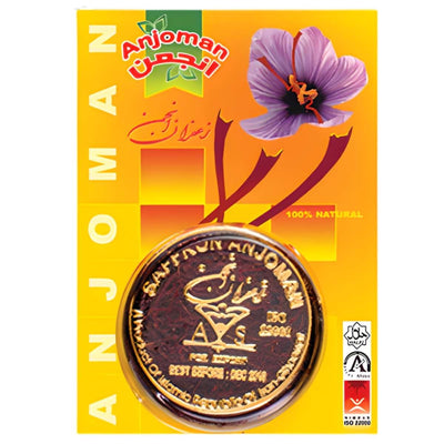 Anjoman - Saffron - 0.6g pack features a clear window displaying vivid saffron threads, with saffron flower images and product info on yellow-orange background—ideal for use as a spice or natural coloring.