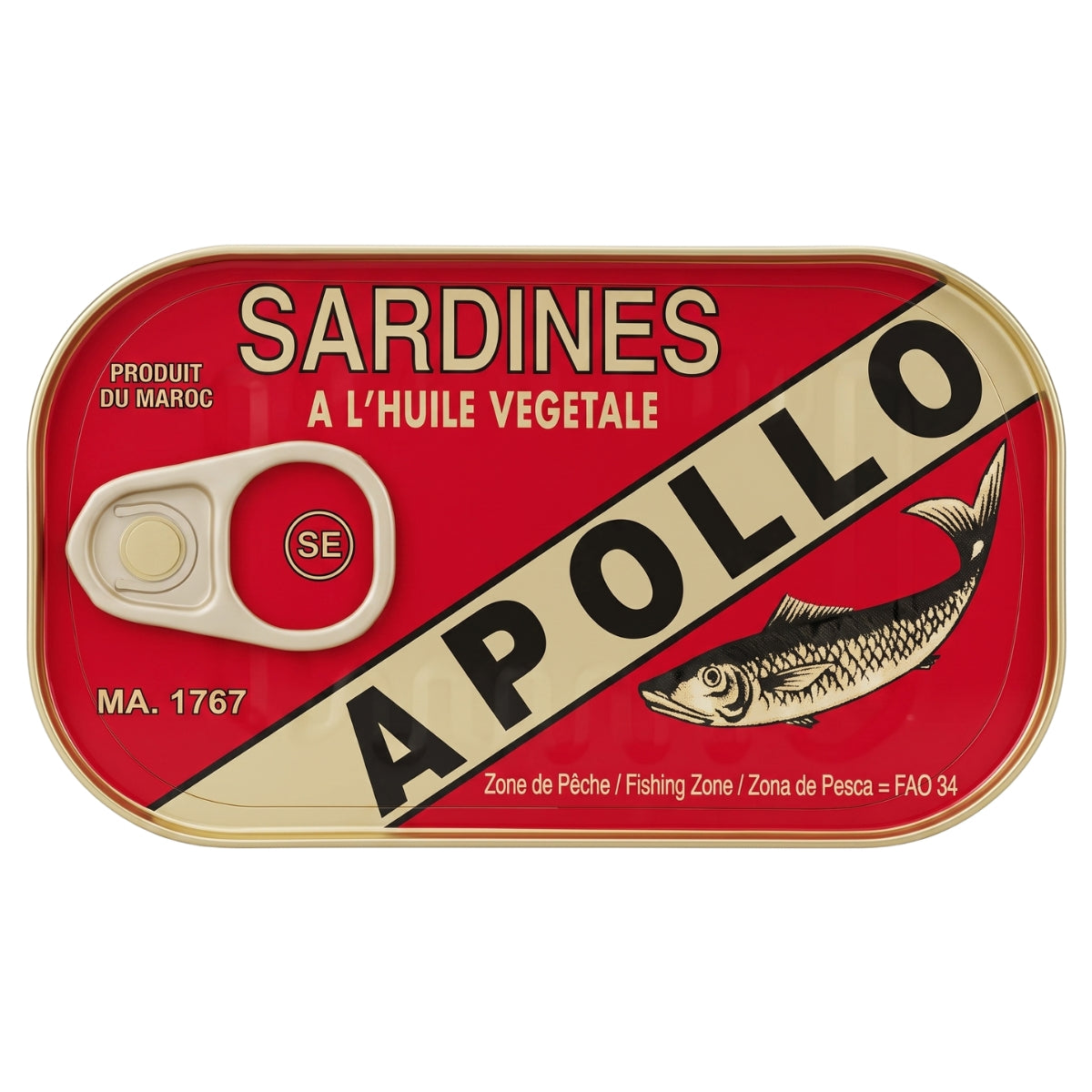 A rectangular tin of Apollo Sardines A L'Huile Vegetale on a plain white background. The label is predominantly red with a diagonal beige band featuring the brand name 'APOLLO' in bold black letters, alongside a black-and-white illustration of a sardine and a cream-colored pull-tab seal.