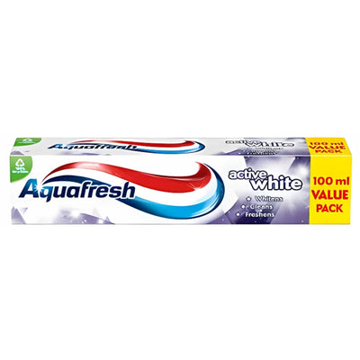 A 100ml box of Aquafresh Active White Toothpaste highlights whitening and cavity protection on the front, with blue, red, and white swirl design.