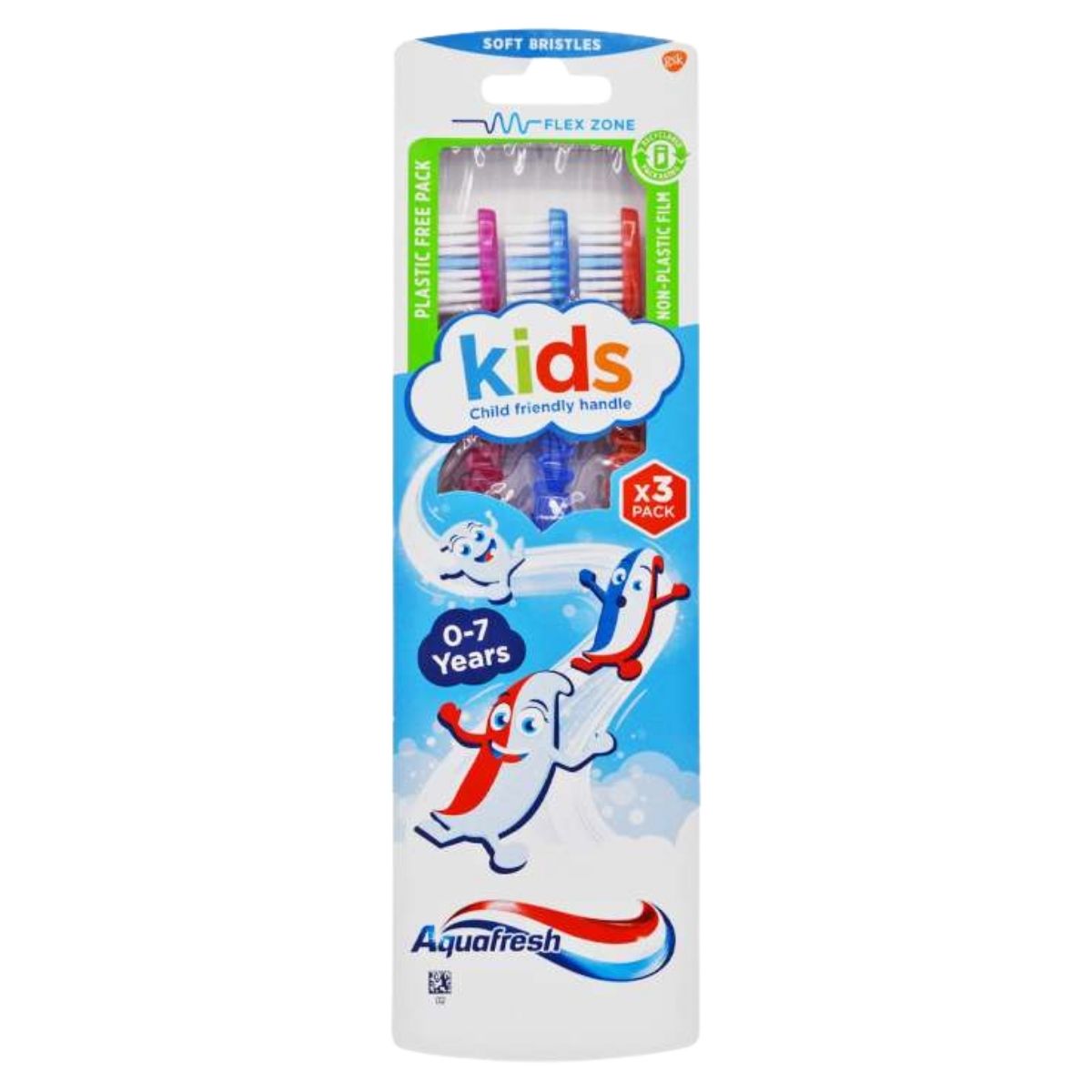 Packaging of Aquafresh kids' toothbrushes with colorful bristles on a white background