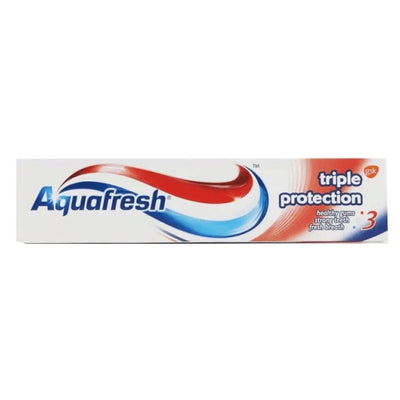 Packaging of Aquafresh toothpaste, featuring the toothpaste's name and the claim of 'Triple Protection' on the front