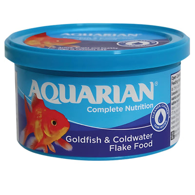 A 25g blue tub of Aquarian Goldfish Food Flakes, with a goldfish image and "Cleaner Water" icon on the label.