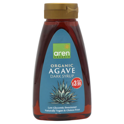 Aren Organic Agave Dark Syrup 370ml, priced at £3.99, is a natural sweetener with a blue label and gold cap. The label highlights its low glycaemic index and that it’s organic, vegan, and gluten free.