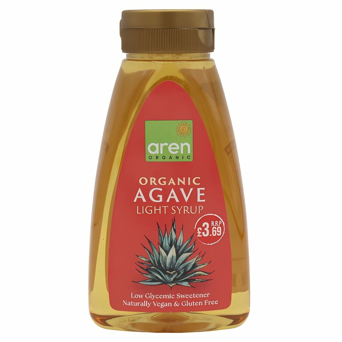 Aren - Organic Agave Light Syrup 370ml is priced at £3.69 and serves as a low glycemic, vegan, and gluten-free sweetener alternative to traditional options.