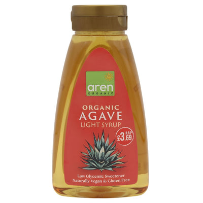 Aren Organic Agave Light Syrup (370ml) features a red label with an agave plant image, price info, and highlights its low glycaemic index as a natural sweetener.