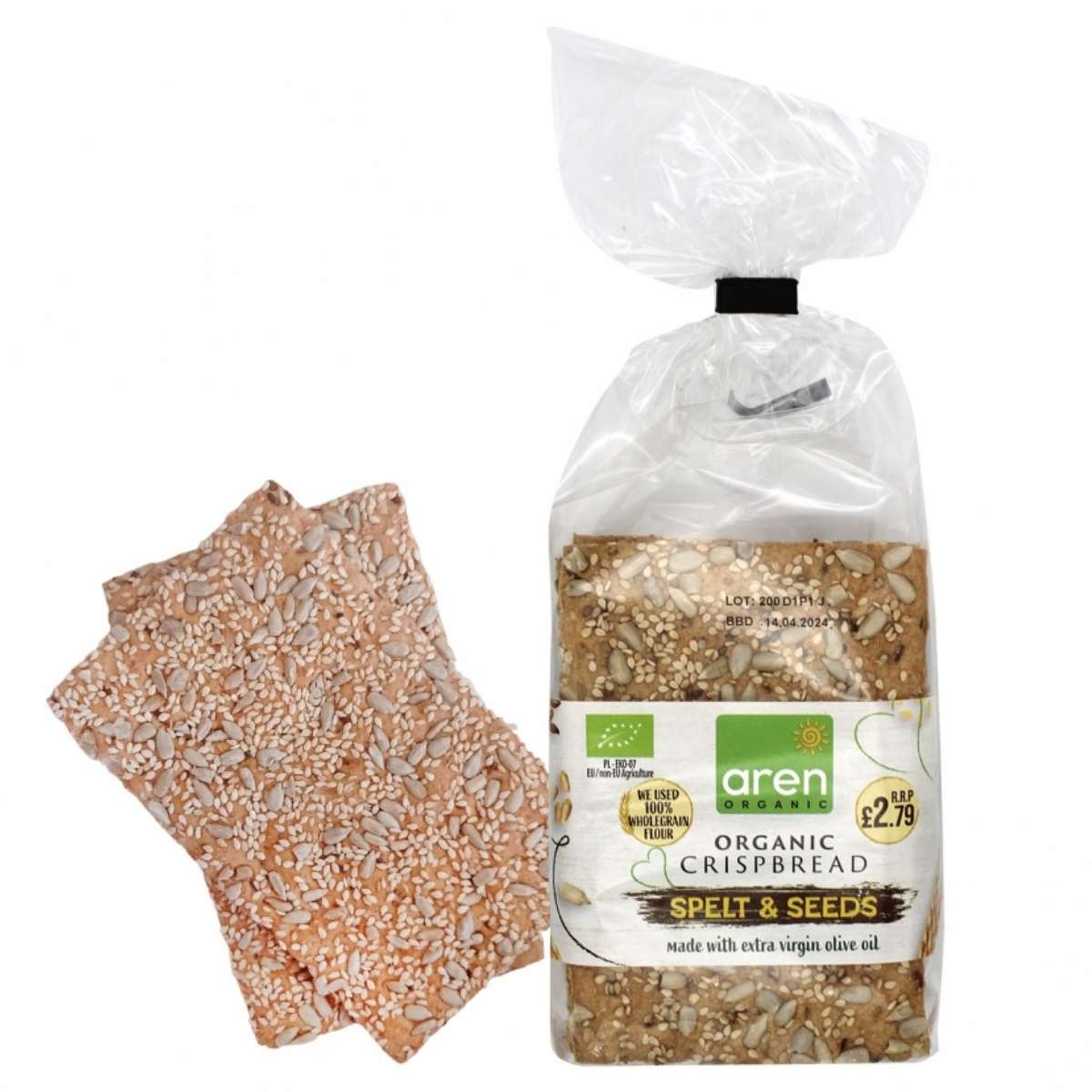 A pack of Aren Organic Crispbread Spelt & Seeds (200g) with two crispbread pieces beside it is displayed next to a price label showing £2.79.