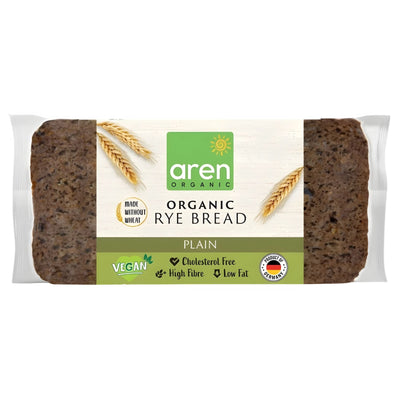 Aren Organic Rye Bread Plain 500g is a healthy, vegan, plain bread that's cholesterol-free, high in fibre, low in fat, wheat-free, and features certification logos.