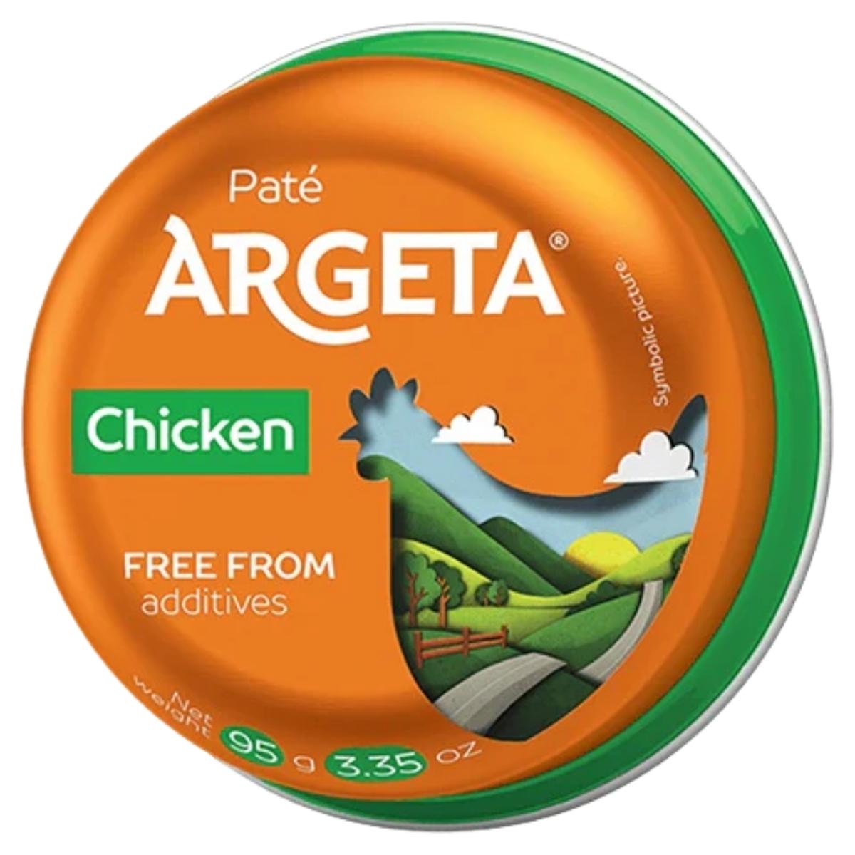 Argeta chicken páte container with orange and green design