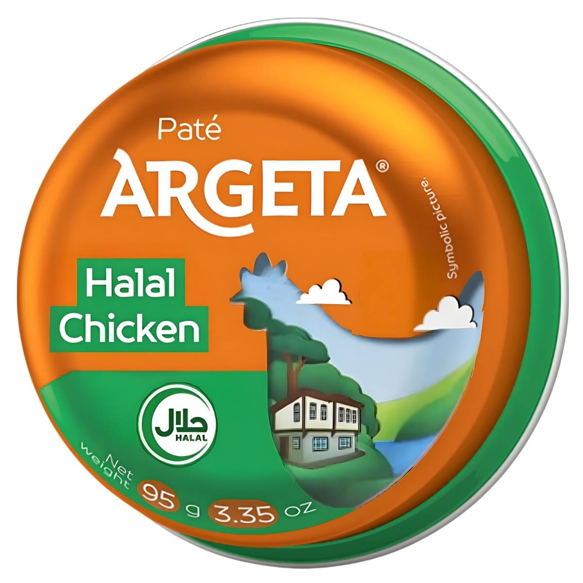 Argeta - Chicken Pate (Halal) 95g by Argeta comes in a round can with an orange-green label, chicken silhouette, house icon, and halal certification, offering a delicious European-style halal chicken spread.