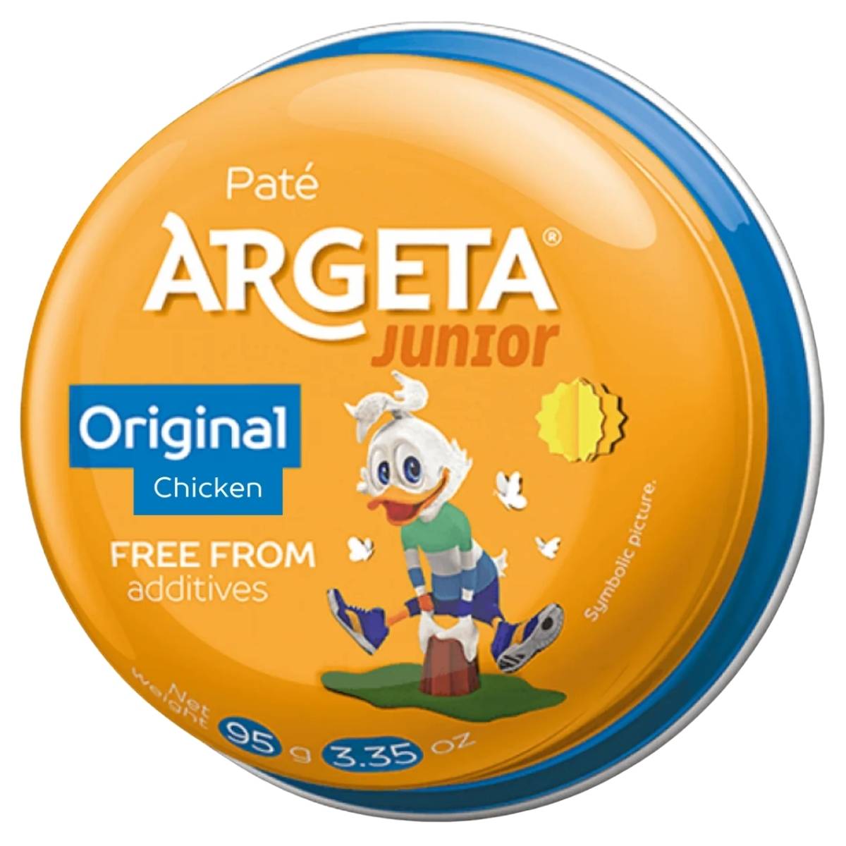 Tin of Argeta 95g Junior páte with cartoon character on an orange background