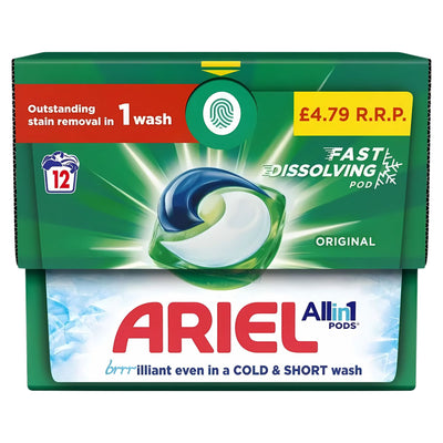 Ariel - 3-in-1 Pods Washing Capsules 12 Washes (229.2g) deliver powerful stain removal and deep clean in cold or short cycles. Perfect for every wash, priced at £4.79.