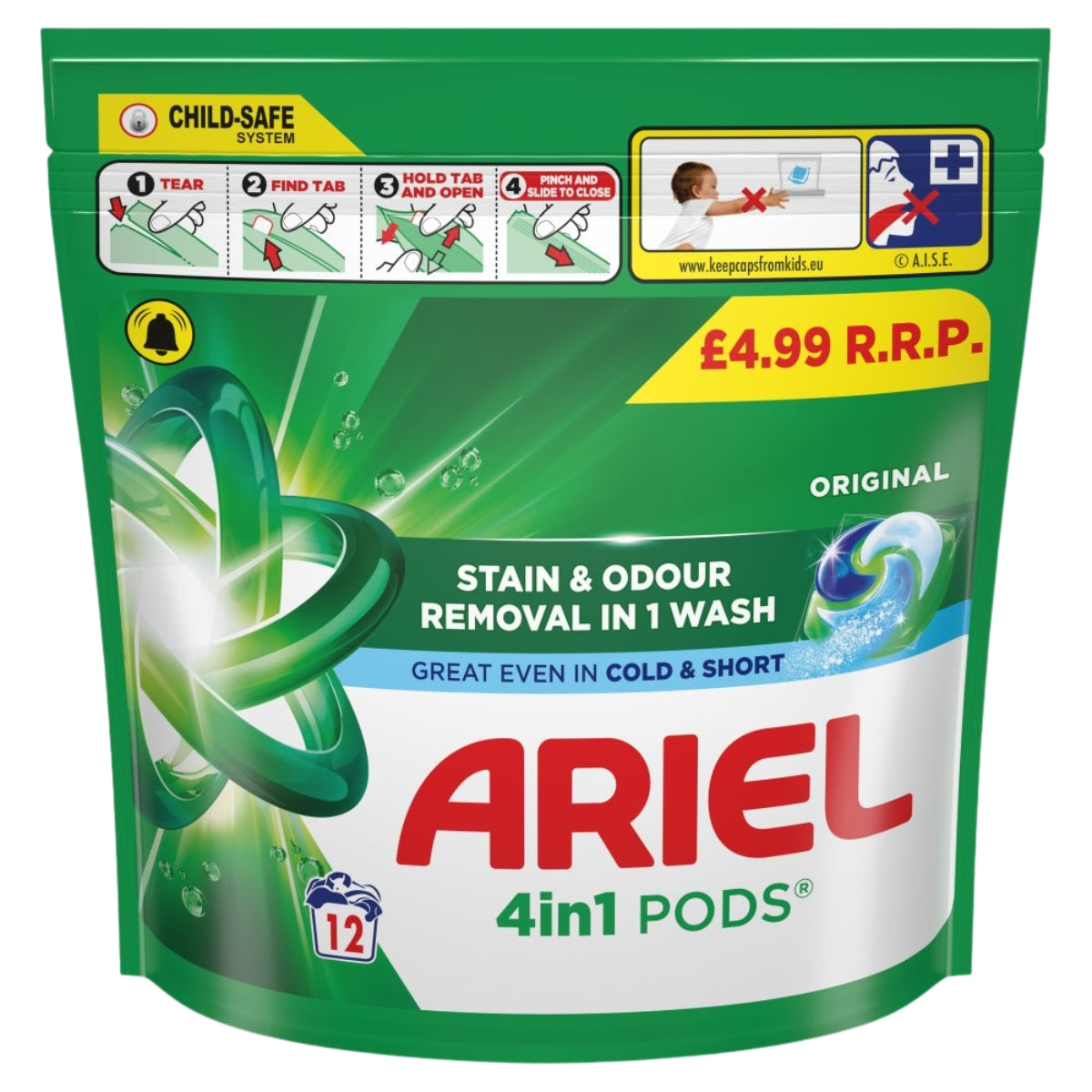 Ariel 4in1 Pods laundry detergent packaging with branding and pricing information.