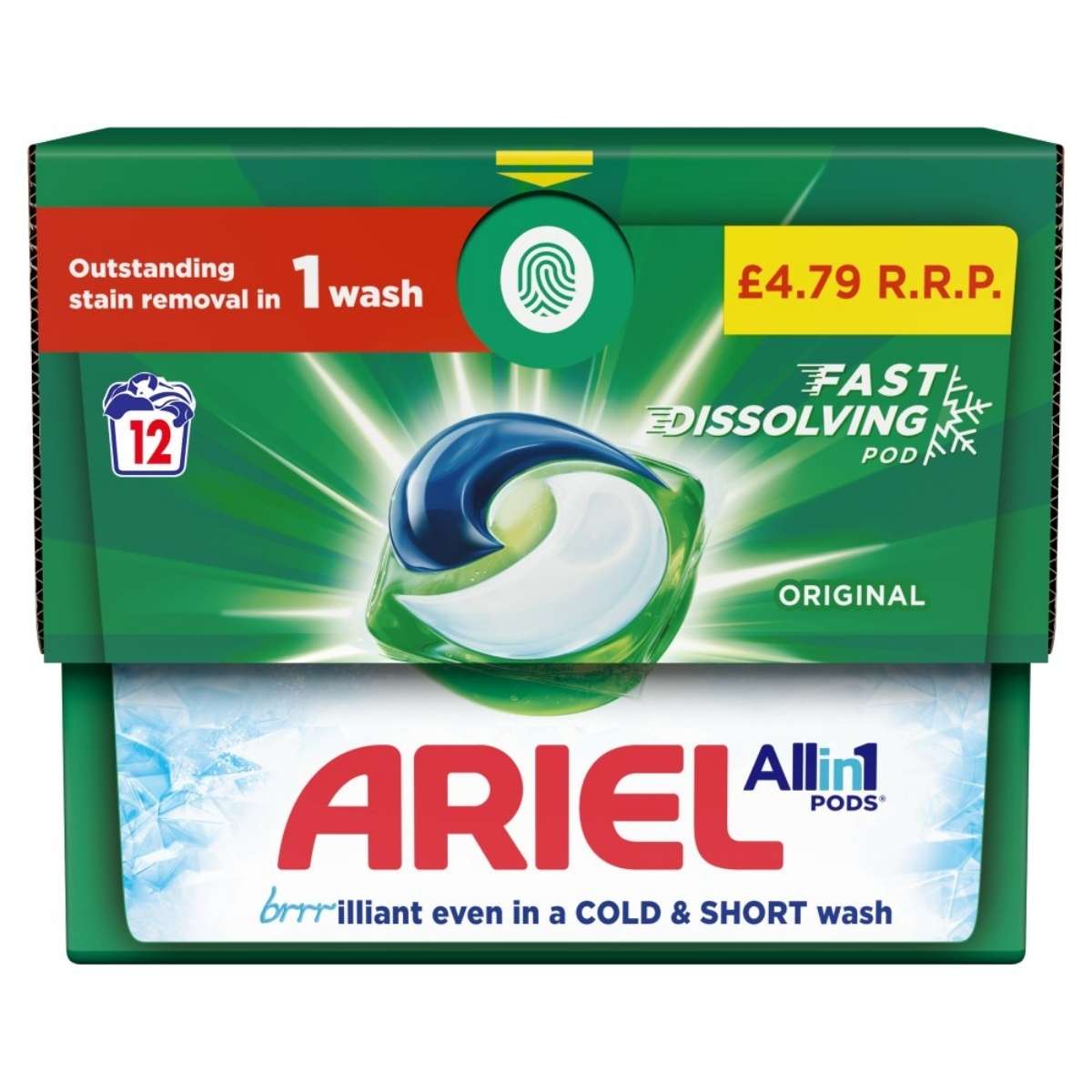 The Ariel - All-in-1 Pods Washing Capsules 12 pack, weighing 229.2g, proudly offers "Outstanding stain removal in 1 wash" with its "Fast dissolving pod," suitable even for cold washes, and is priced at £4.79 R.R.P.