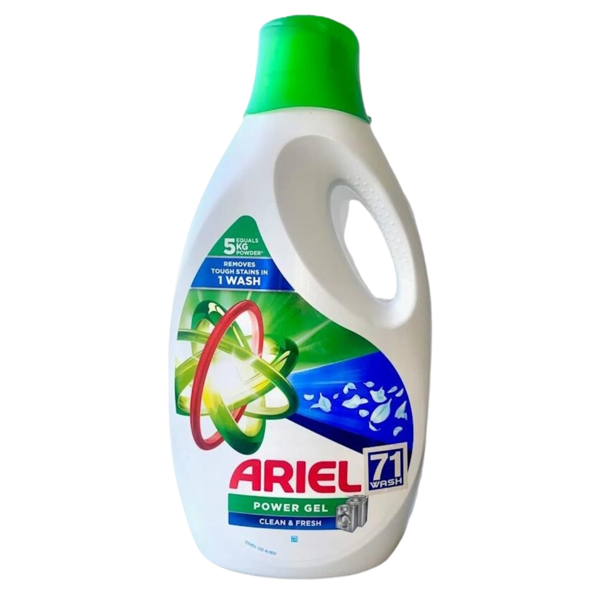 A 2.35kg bottle of Ariel - Clean & Fresh Power Gel, featuring a green cap and label, provides up to 71 washes and is formulated with powerful anionic surfactants and optical brighteners for outstanding stain removal and brilliantly bright clothes.