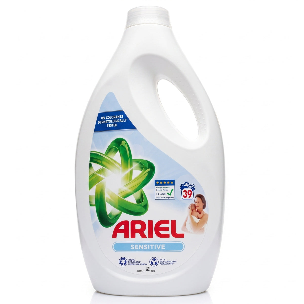 A white plastic bottle of Ariel Sensitive laundry detergent with a green and blue label, shown on a clean white background.