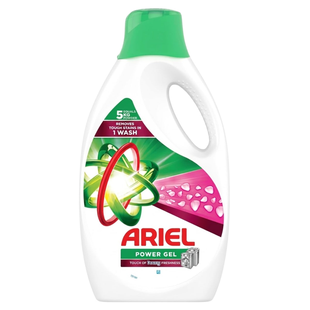A bottle of Ariel Power Gel detergent wash with a green cap and a white body, featuring a colorful label with green, pink, and red graphics.