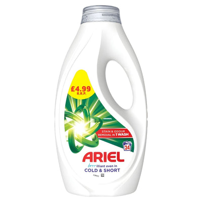 Ariel - Original Bio Laundry Detergent (744ml) delivers powerful stain and odour removal in one wash, suitable for 24 washes. Features a white bottle with a yellow £4.99 label.