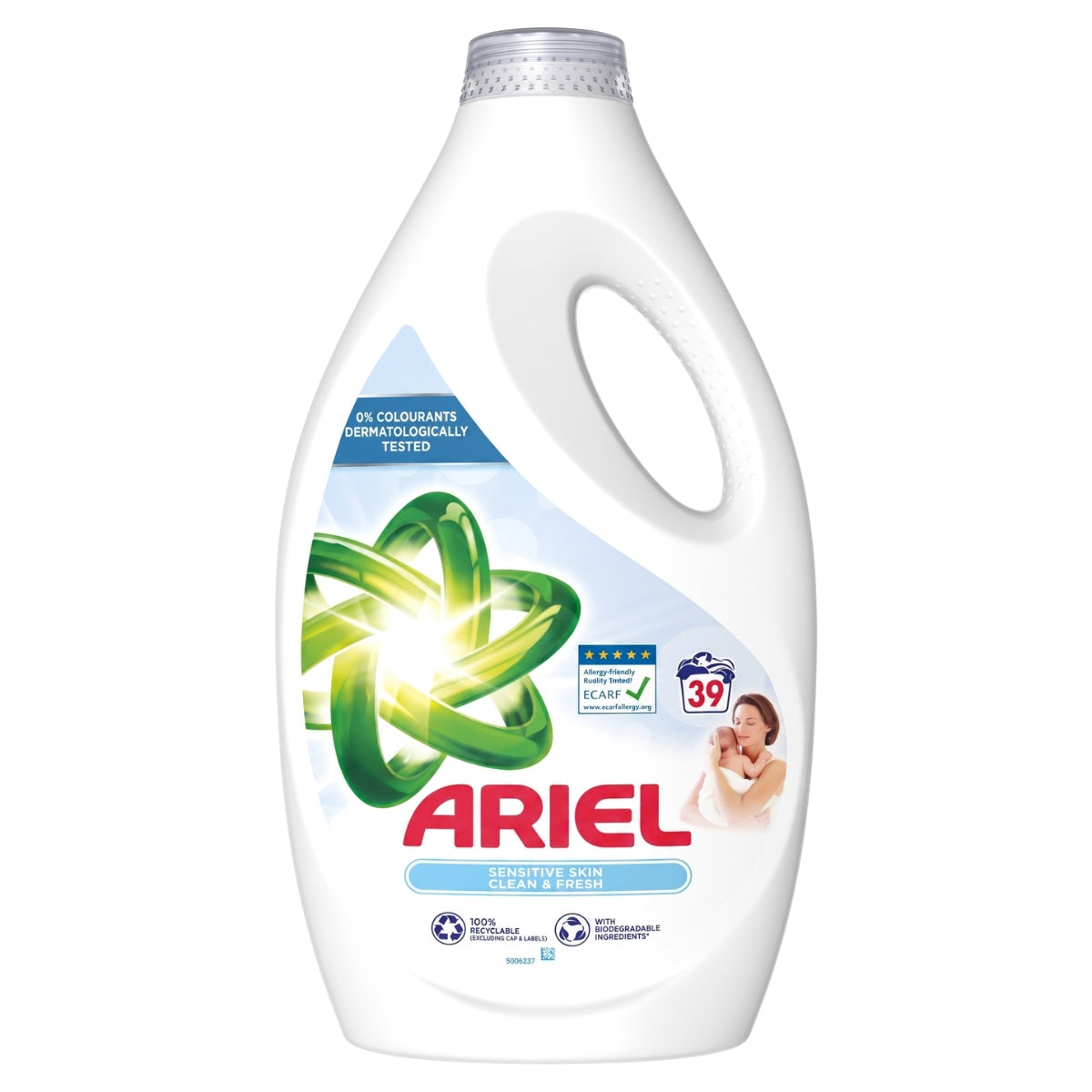 Ariel - Sensitive Laundry Detergent 39 Washes (1950ml) comes in a white bottle featuring the green Ariel logo, a dermatologically tested label, and an image of a mother holding a baby, providing powerful cleaning and gentle care for sensitive skin.