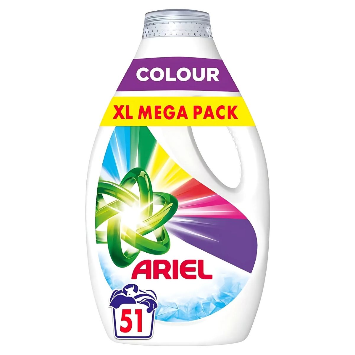 A bottle of Ariel XL Colour Laundry Detergent, 1785ml, designed for 51 washes, features a powerful formula with a colorful logo.