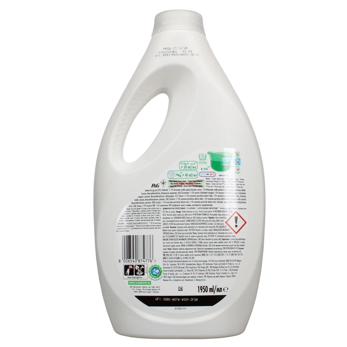 The back of an Ariel - Color Stain & Odour Removal 48 Washes (2400ml) white plastic bottle with a handle, displaying the barcode, hazard symbol, product information, and measurement details. The label emphasizes Ariel’s effective cleaning enzymes and anionic surfactants for optimal stain and odour removal.