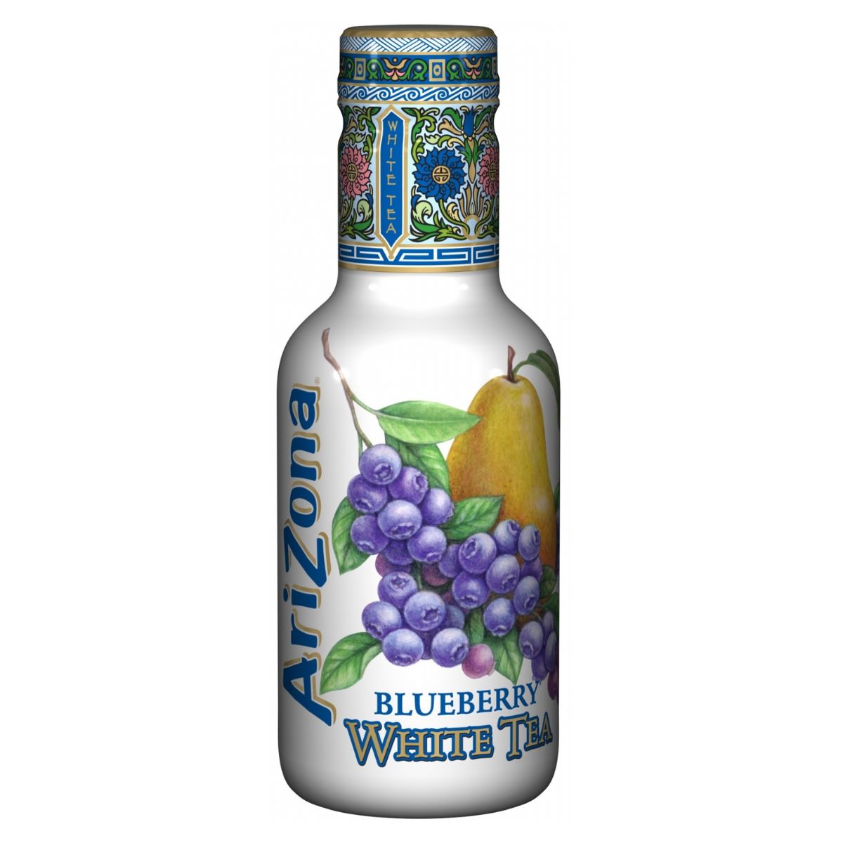 A 500ml bottle of Arizona Blueberry White Tea Flavour with blueberries and a pear illustrated on the label.