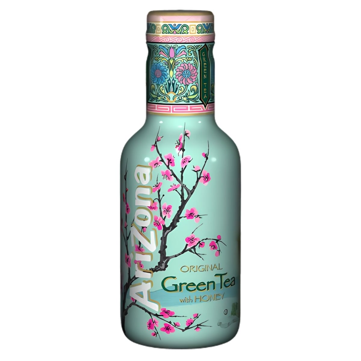 The 500ml Arizona Green Tea with Honey showcases a beautiful cherry blossom design on the bottle and the phrase "Original Green Tea with Honey." This invigorating drink blends a gentle honey sweetness with the timeless flavor of green tea, providing a delightful experience.