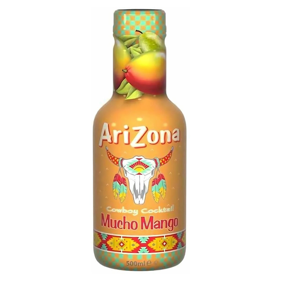 A 500ml bottle of Arizona - Mucho Mango Flavour, featuring illustrated mango, lime, and a decorated cow skull on the label—ideal for fans of this refreshing mango drink.