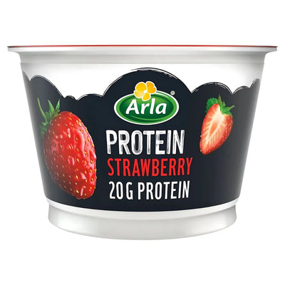 A 200g container of Arla High Protein Strawberry Yoghurt (0% Fat) features the Arla logo, images of strawberries, and “20g protein” on a black background.