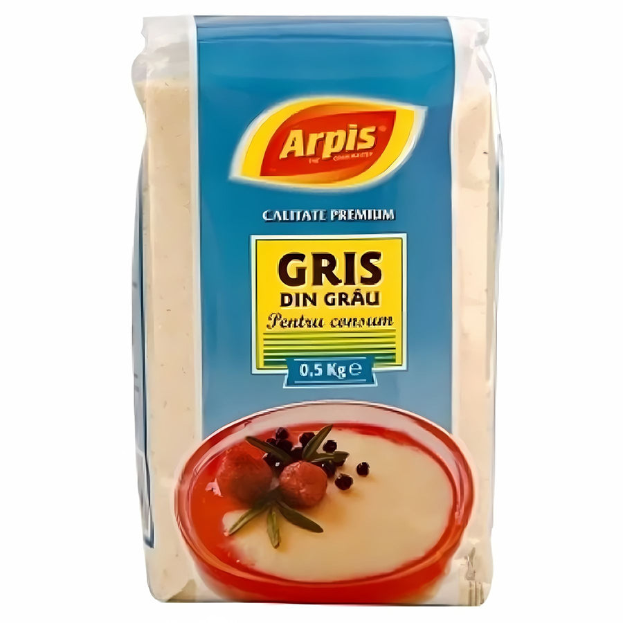 Arpis - Gris Din Grau Semolina 500g on a white background, ideal for making traditional dishes.