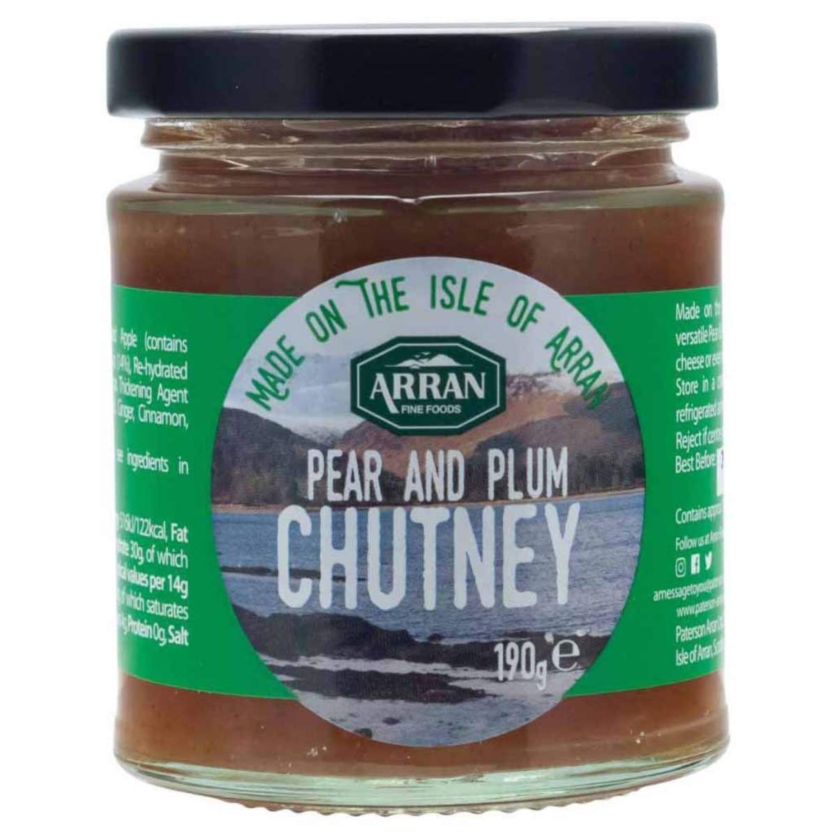 Introducing the Arran - Pear & Plum Chutney, a 190g jar featuring a green and black label that captures the essence of the scenic Scottish Isle. Delight in its rich, fruity flavor.