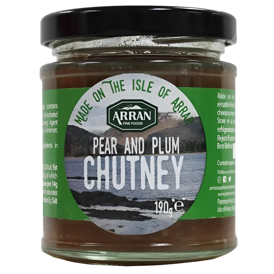 A 190g jar of Arran - Pear & Plum Chutney, featuring a landscape label with “Made on the Isle of Arran,” capturing authentic Scottish flavor.