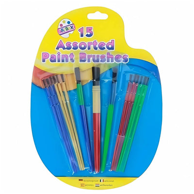 Discover the "Artbox - Assorted Paint Brushes - 15 Pack," ideal for any art project. Each brush boasts a vibrant colored handle and various types, sparking creativity with every stroke.