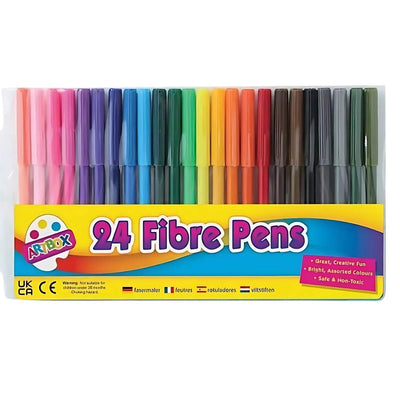 The Artbox - Fibre Pens - 24 Pack features assorted colors in a gradient order, emphasizing creativity and non-toxic qualities for artistic fun.