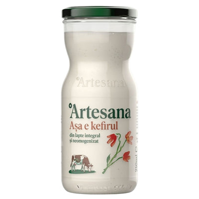 Jar of Artesana kefir with branding and product details on a white background