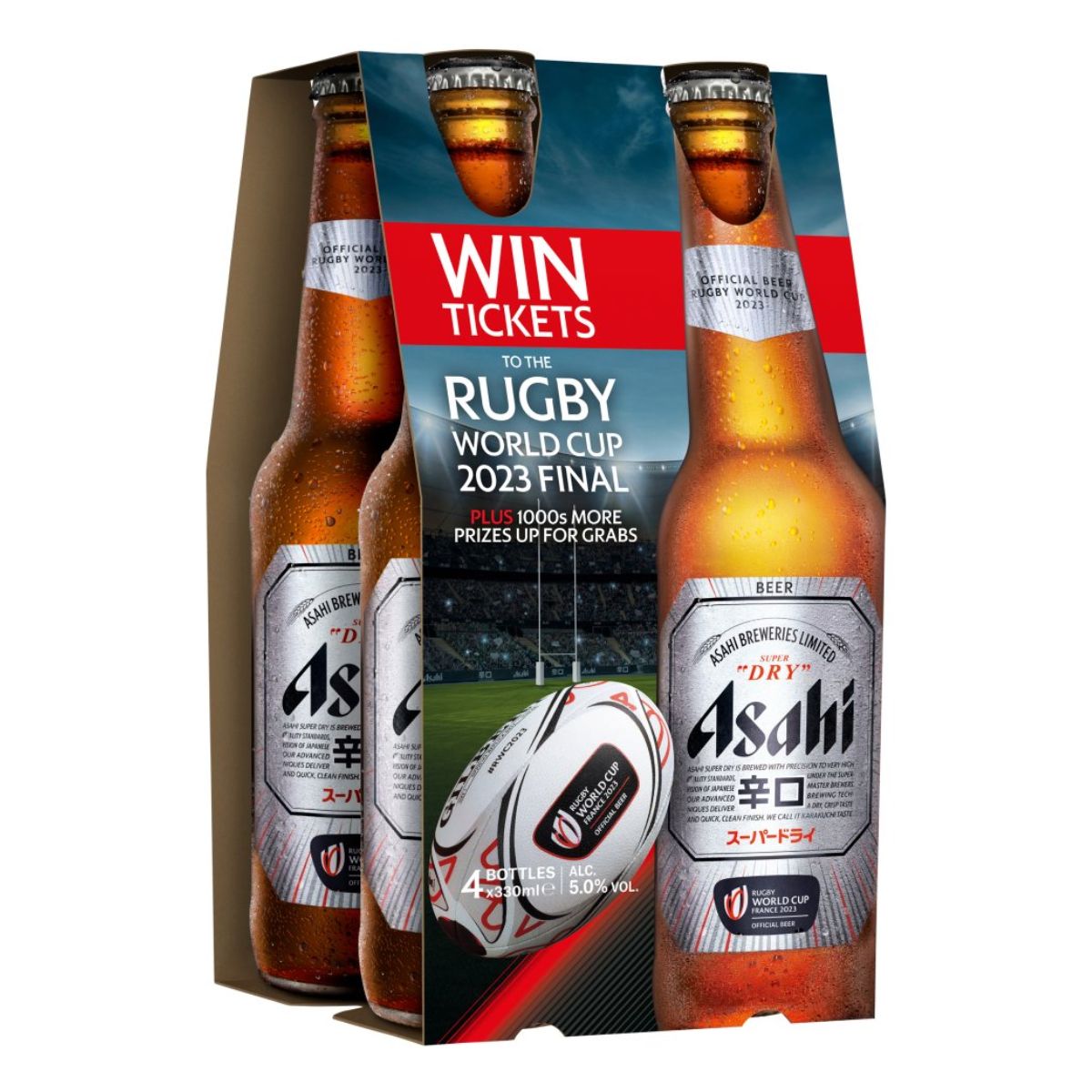 A bottle of Asahi - Super Dry Beer (5.0% ABV) - 4 x 330ml with a rugby world cup logo on it.